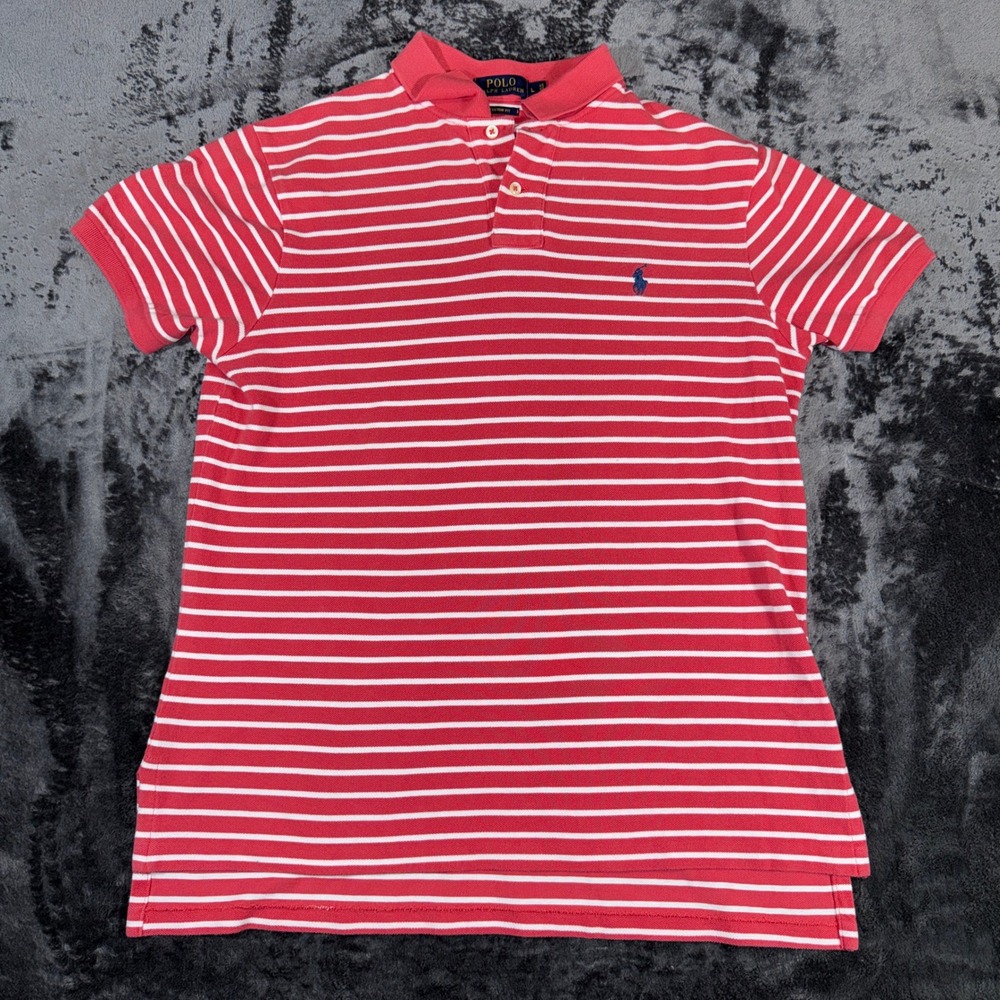 Polo Ralph Lauren Mens Custom Fit Striped Polo‎ Shirt Red White Large RN 41381